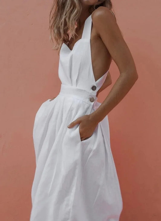 A-Line Solid Sleeveless Midi Dress with Bowknot Back