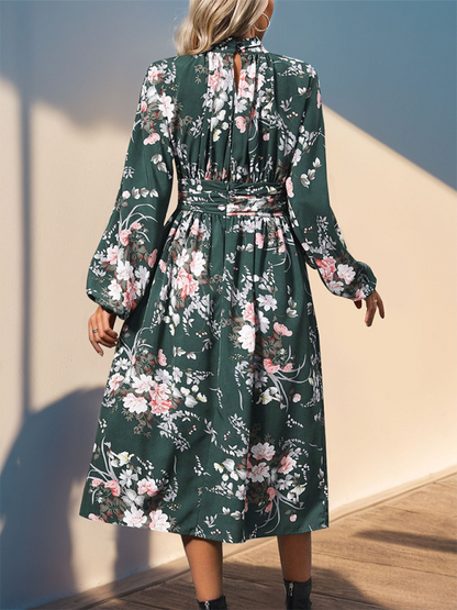 Autumn Floral A-Line Midi Dress with High Waistband