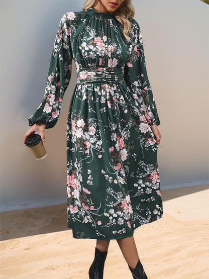 Autumn Floral A-Line Midi Dress with High Waistband