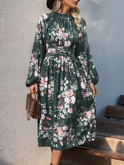 Autumn Floral A-Line Midi Dress with High Waistband