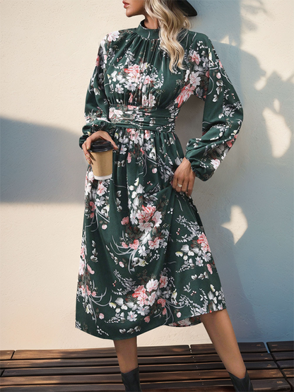 Autumn Floral A-Line Midi Dress with High Waistband