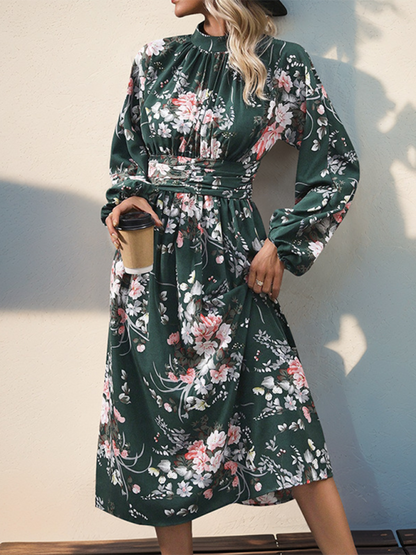 Autumn Floral A-Line Midi Dress with High Waistband