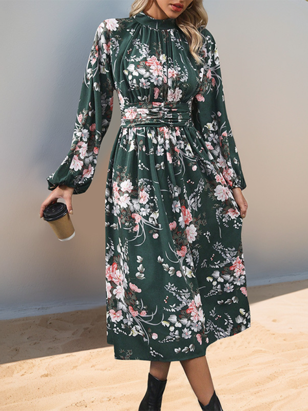 Autumn Floral A-Line Midi Dress with High Waistband