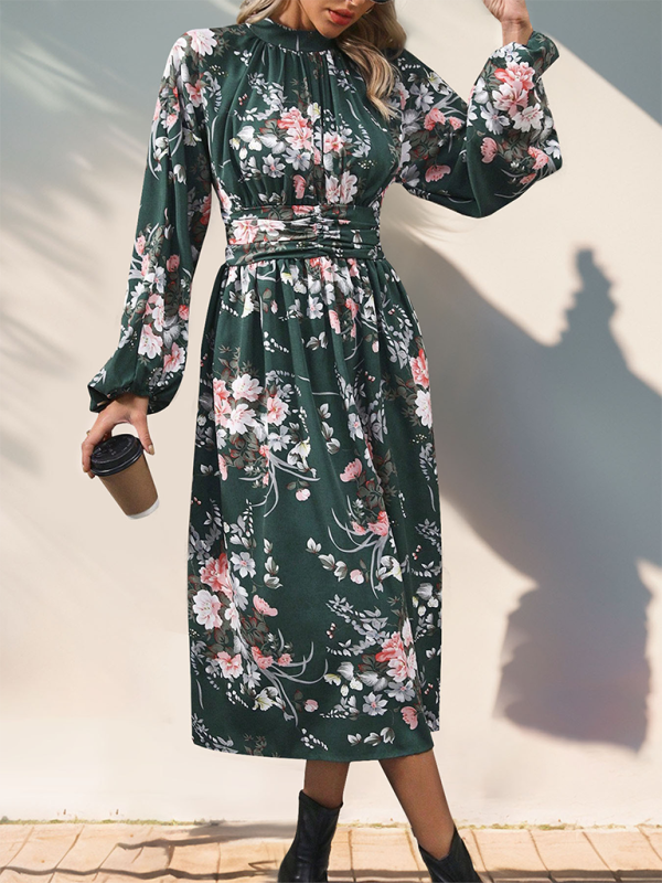 Autumn Floral A-Line Midi Dress with High Waistband