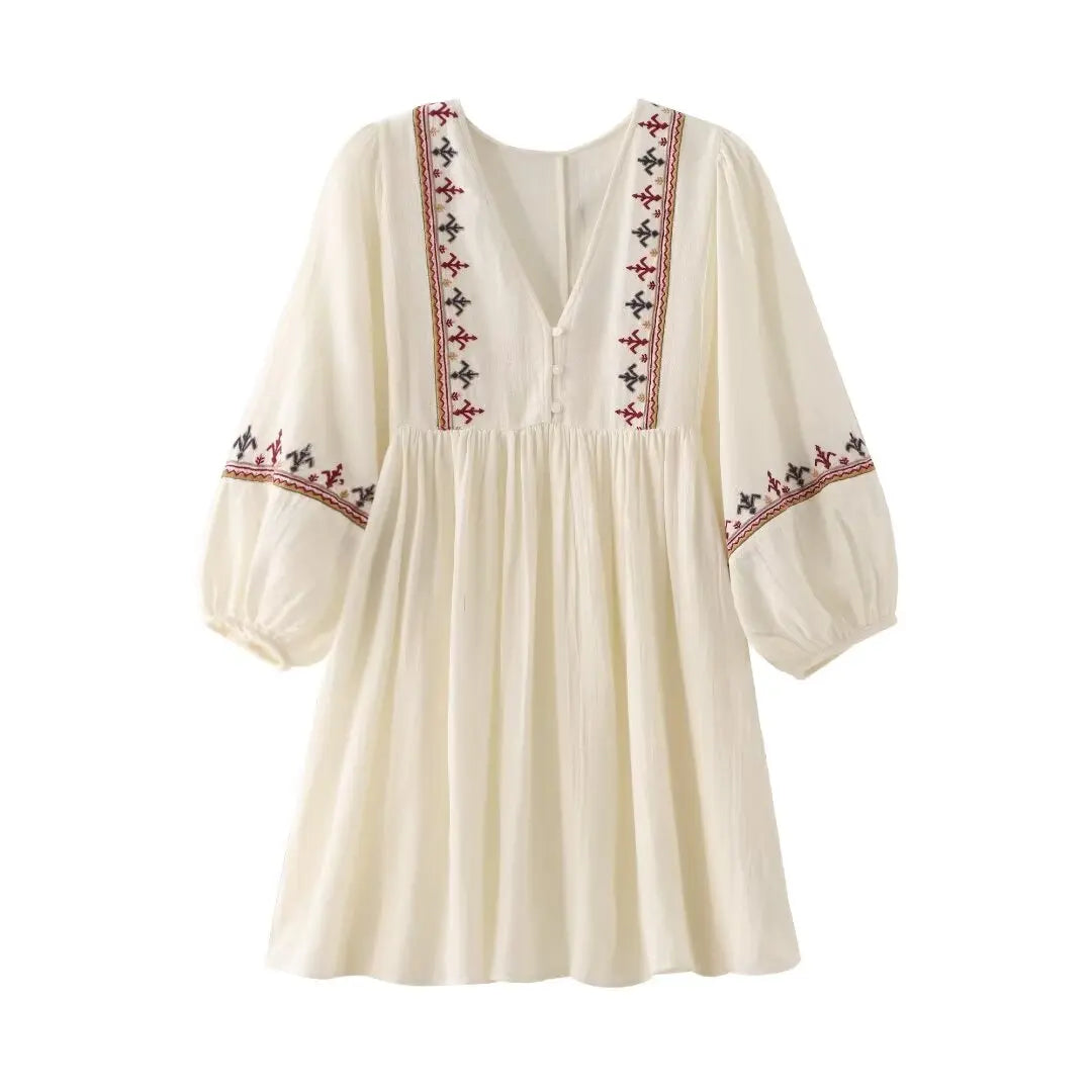 Casual Dresses- Boho-Chic Embroidered Mini Dress with Long Sleeves- - Pekosa Women Fashion