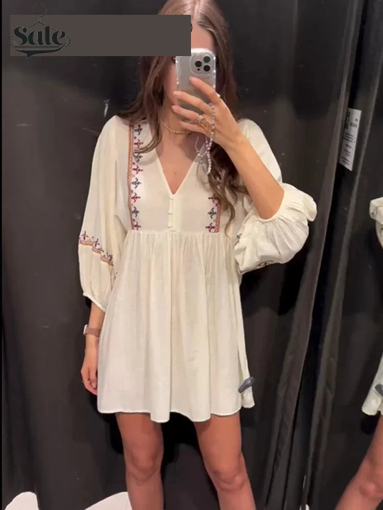 Casual Dresses- Boho-Chic Embroidered Mini Dress with Long Sleeves- - Pekosa Women Fashion