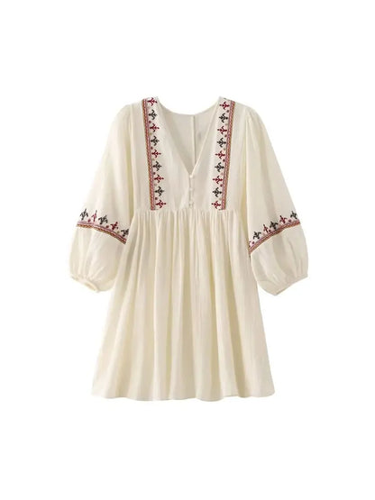 Casual Dresses- Boho-Chic Embroidered Mini Dress with Long Sleeves- Beige- Pekosa Women Fashion