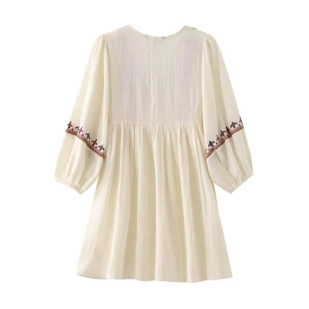 Casual Dresses- Boho-Chic Embroidered Mini Dress with Long Sleeves- - Pekosa Women Fashion