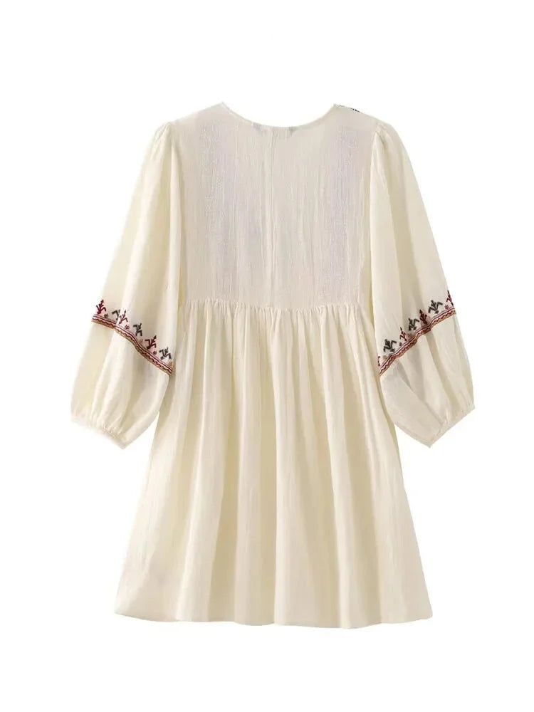 Casual Dresses- Boho-Chic Embroidered Mini Dress with Long Sleeves- - Pekosa Women Fashion