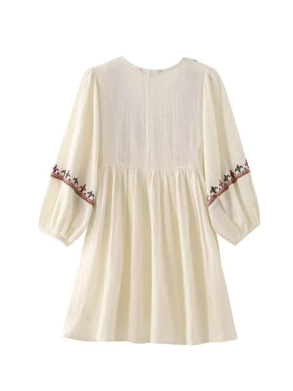 Casual Dresses- Boho-Chic Embroidered Mini Dress with Long Sleeves- - Pekosa Women Fashion