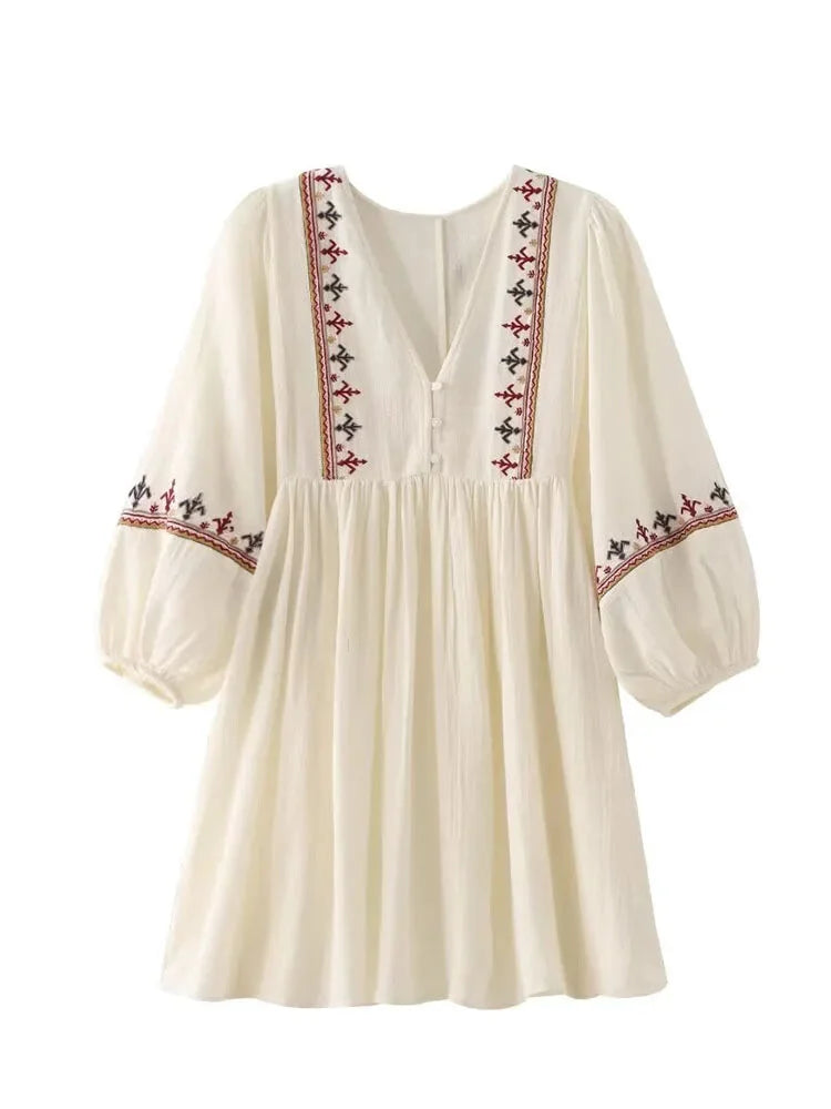 Casual Dresses- Boho-Chic Embroidered Mini Dress with Long Sleeves- - Pekosa Women Fashion