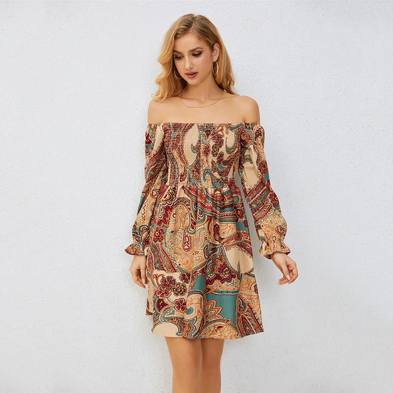 Casual Dresses- Boho Floral Off-Shoulder Dress for Spring and Fall- - Pekosa Women Fashion