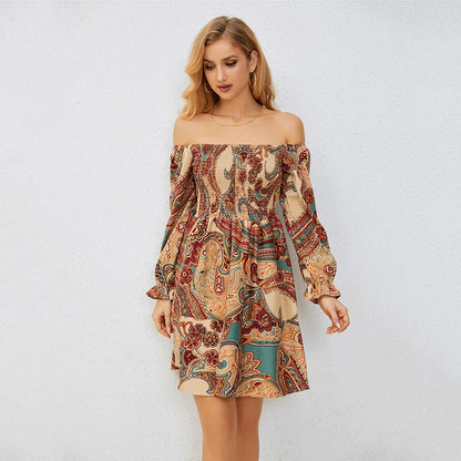 Casual Dresses- Boho Floral Off-Shoulder Dress for Spring and Fall- - Pekosa Women Fashion