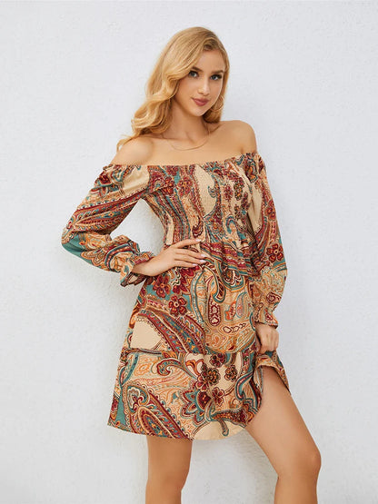 Casual Dresses- Boho Floral Off-Shoulder Dress for Spring and Fall- - Pekosa Women Fashion