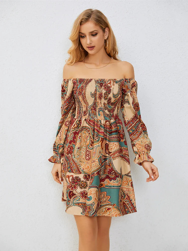 Casual Dresses- Boho Floral Off-Shoulder Dress for Spring and Fall- - Pekosa Women Fashion