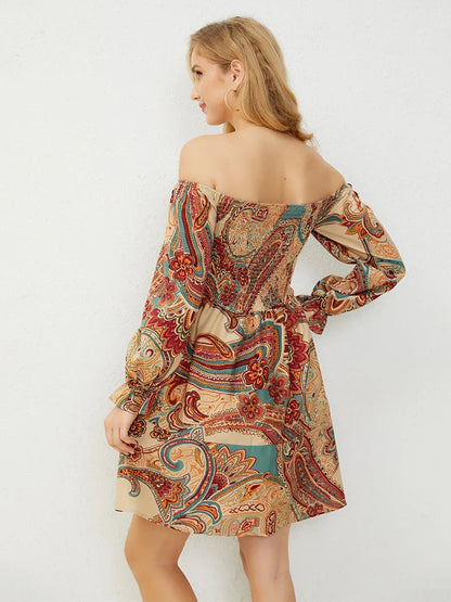 Casual Dresses- Boho Floral Off-Shoulder Dress for Spring and Fall- - Pekosa Women Fashion