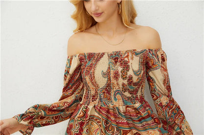 Casual Dresses- Boho Floral Off-Shoulder Dress for Spring and Fall- - Pekosa Women Fashion