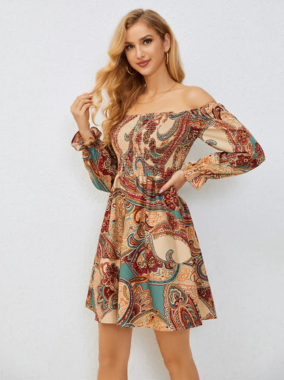 Casual Dresses- Boho Floral Off-Shoulder Dress for Spring and Fall- - Pekosa Women Fashion