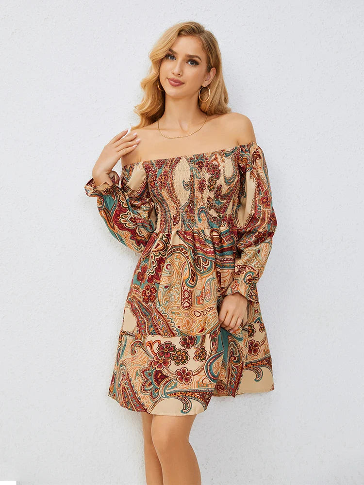 Casual Dresses- Boho Floral Off-Shoulder Dress for Spring and Fall- - Pekosa Women Fashion