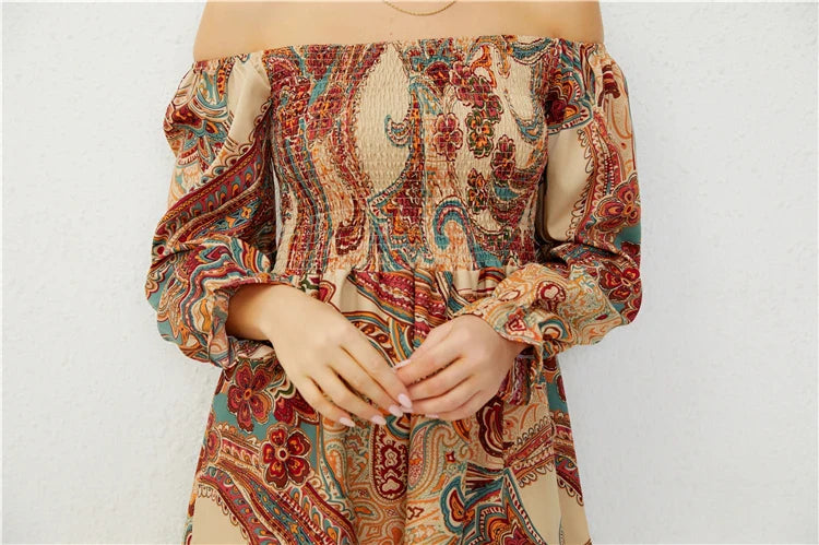 Casual Dresses- Boho Floral Off-Shoulder Dress for Spring and Fall- - Pekosa Women Fashion