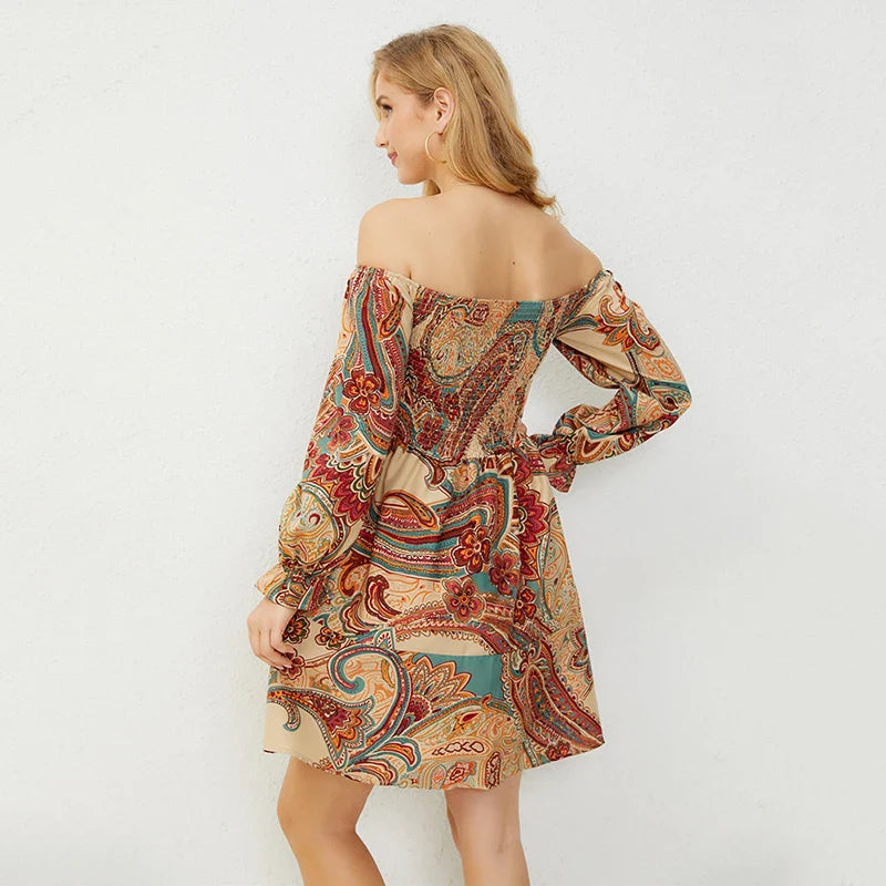 Casual Dresses- Boho Floral Off-Shoulder Dress for Spring and Fall- - Pekosa Women Fashion