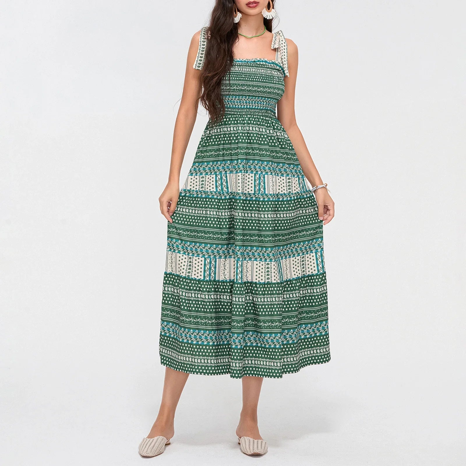 Casual Dresses - Boho Tribal Tie Shoulders Maxi Dress