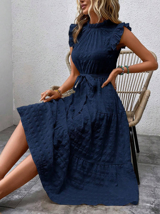 Casual Dresses - Boho Belted Midi Dress with Playful Ruffle Accents