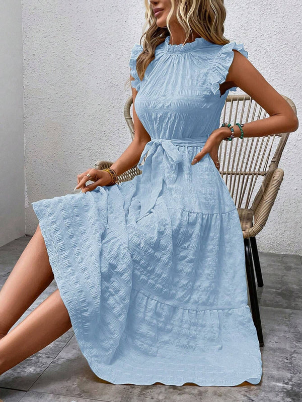 Casual Dresses - Boho Belted Midi Dress with Playful Ruffle Accents