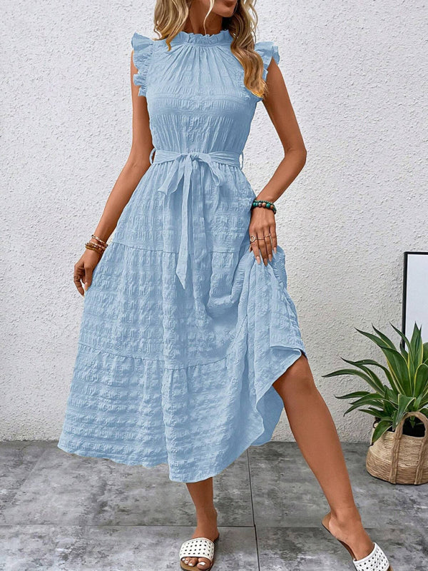 Casual Dresses - Boho Belted Midi Dress with Playful Ruffle Accents