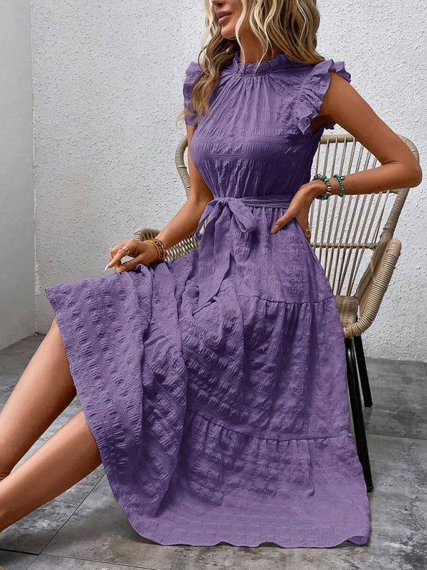 Casual Dresses - Boho Belted Midi Dress with Playful Ruffle Accents