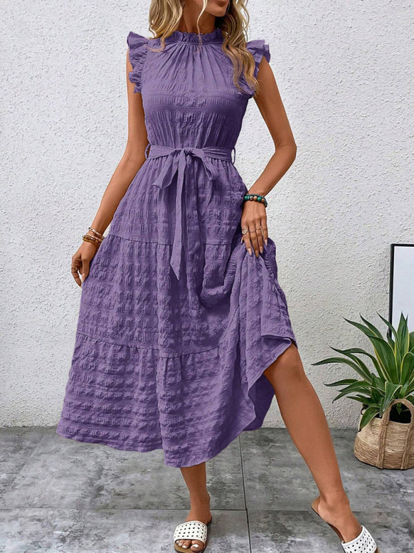 Casual Dresses - Boho Belted Midi Dress with Playful Ruffle Accents