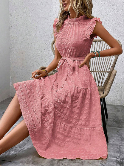 Casual Dresses - Boho Belted Midi Dress with Playful Ruffle Accents