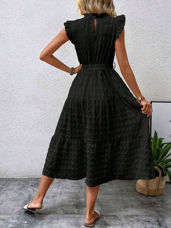 Casual Dresses - Boho Belted Midi Dress with Playful Ruffle Accents