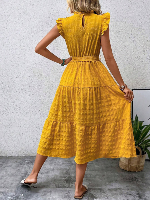 Casual Dresses - Boho Belted Midi Dress with Playful Ruffle Accents