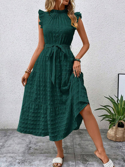 Casual Dresses - Boho Belted Midi Dress with Playful Ruffle Accents