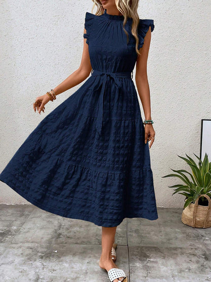 Casual Dresses - Boho Belted Midi Dress with Playful Ruffle Accents