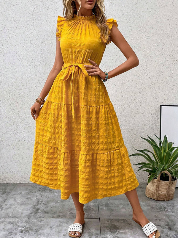 Casual Dresses - Boho Belted Midi Dress with Playful Ruffle Accents