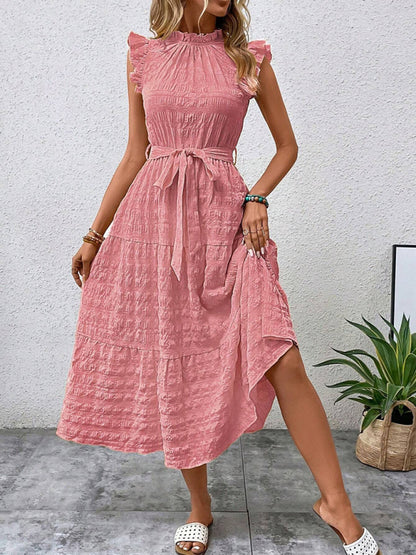 Casual Dresses - Boho Belted Midi Dress with Playful Ruffle Accents