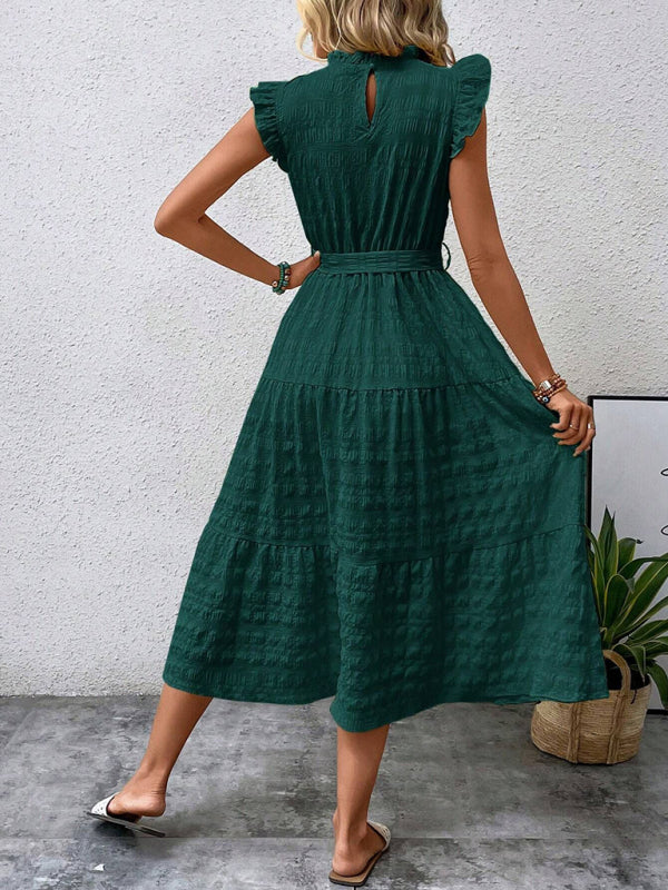 Casual Dresses - Boho Belted Midi Dress with Playful Ruffle Accents