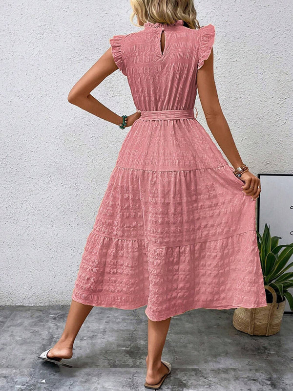 Casual Dresses - Boho Belted Midi Dress with Playful Ruffle Accents