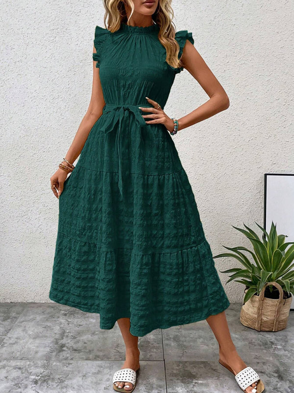 Casual Dresses - Boho Belted Midi Dress with Playful Ruffle Accents