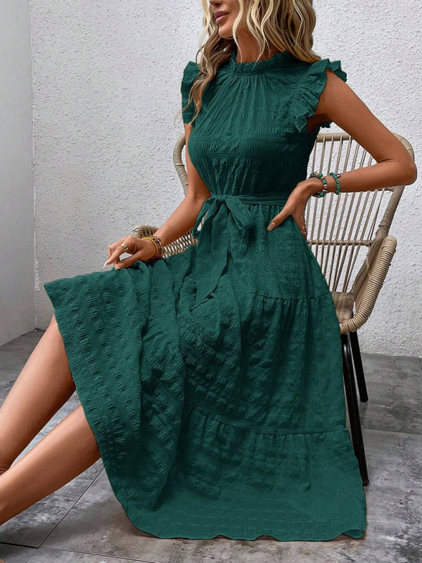 Casual Dresses - Boho Belted Midi Dress with Playful Ruffle Accents