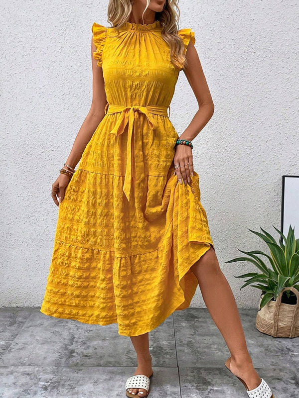 Casual Dresses - Boho Belted Midi Dress with Playful Ruffle Accents