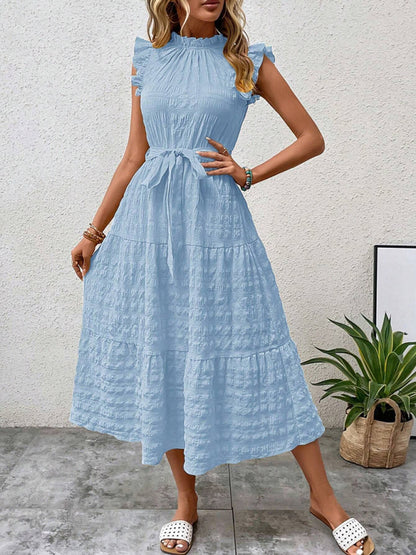 Casual Dresses - Boho Belted Midi Dress with Playful Ruffle Accents