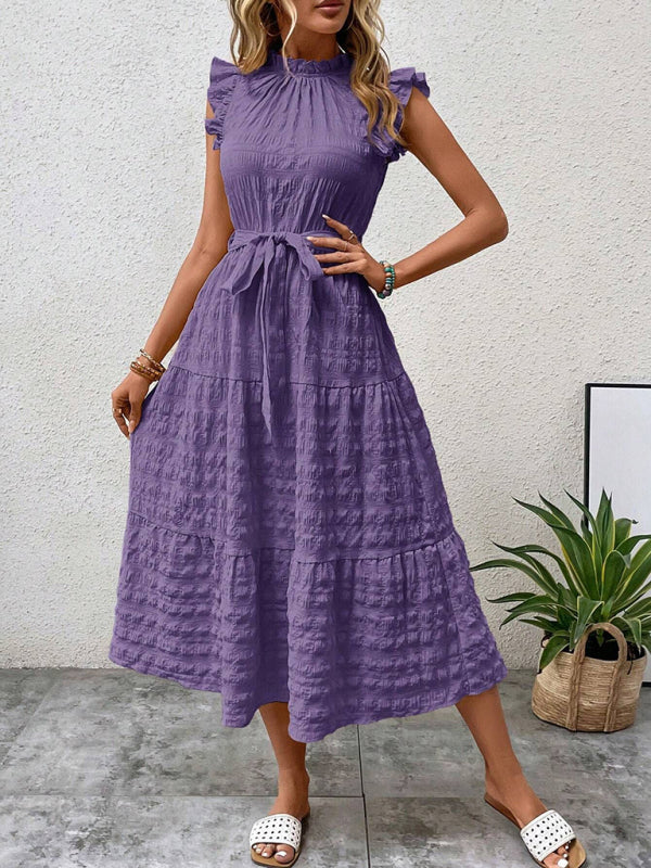 Casual Dresses - Boho Belted Midi Dress with Playful Ruffle Accents