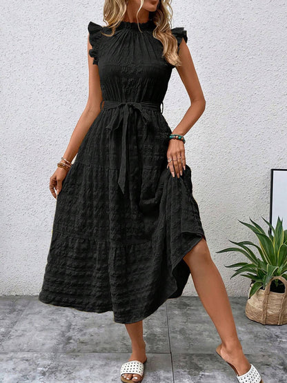 Casual Dresses - Boho Belted Midi Dress with Playful Ruffle Accents