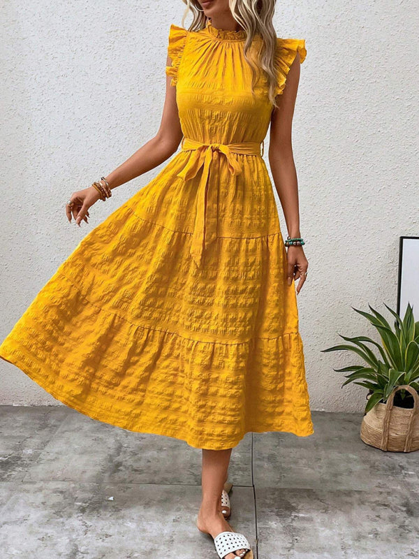 Casual Dresses - Boho Belted Midi Dress with Playful Ruffle Accents