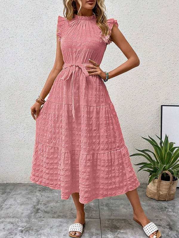 Casual Dresses - Boho Belted Midi Dress with Playful Ruffle Accents