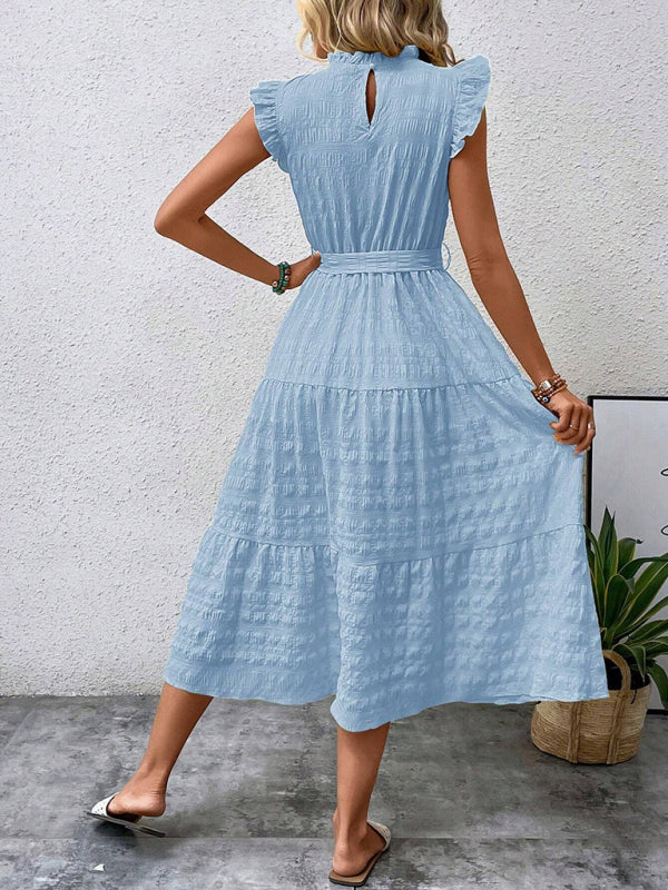 Casual Dresses - Boho Belted Midi Dress with Playful Ruffle Accents