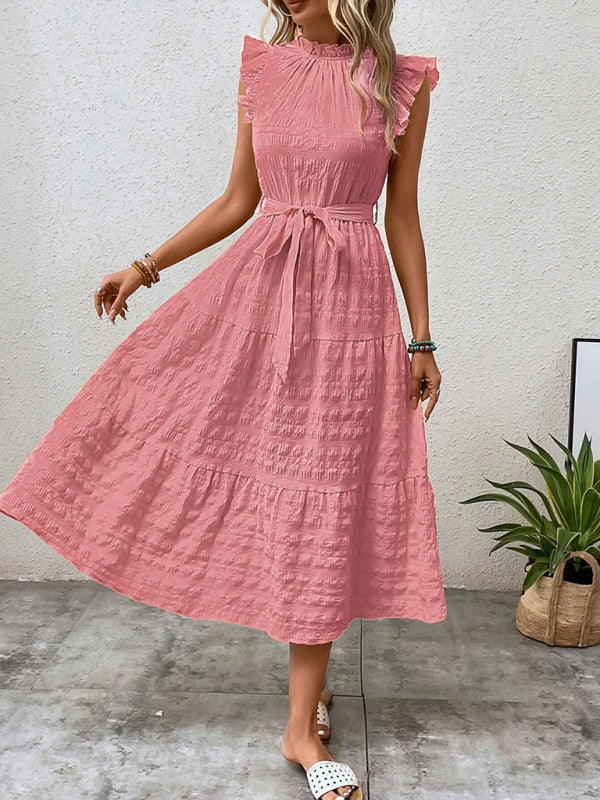 Casual Dresses - Boho Belted Midi Dress with Playful Ruffle Accents